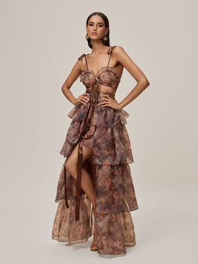 Nalima Floral Printed Skirt Set In Brown
